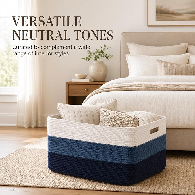OIAHOMY Large Blanket Basket, 22”x17”x12” Rectangle Woven Baskets, Nursery Blanket Storage Living Room, Toy Storage With Handle, Large Baskets for Organizing-Gradient Blue