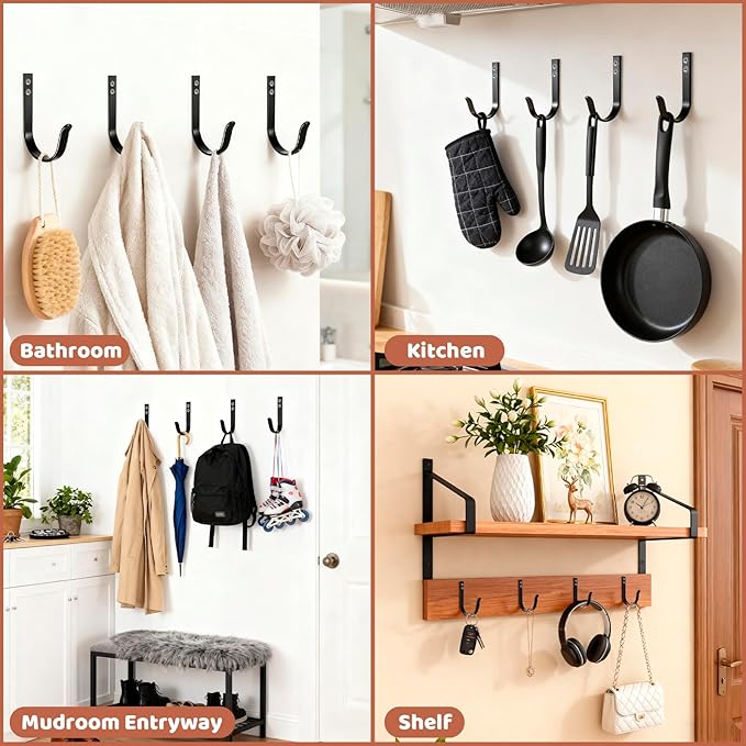 12 Pcs Wall Hooks for Hanging, Large Coat Hooks Wall Mount, Heavy Duty Screw in Metal Hooks for Wall (22LB), Towel Hooks for Bathrooms, Door, Mudroom, Backpack, Clothes, Closet, Purses, Black