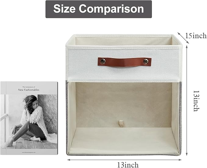 Bagnizer Storage Cubes, 4 Pack Linen Foldable Storage Bins with Clear Window and 2 Handles, 13x15x13 Storage Cube Bins for Shelf Closet, Kallax, Clothes, Books - (Gray / Off-White)
