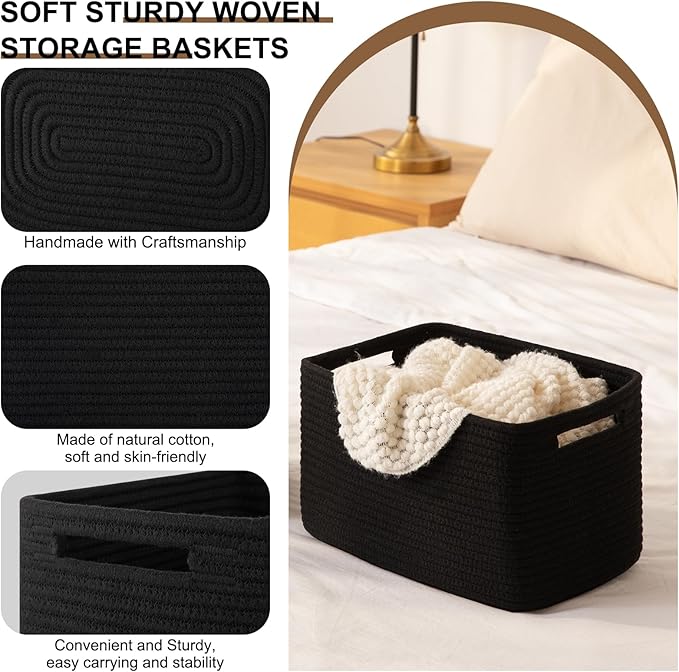 OIASKET Storage Baskets for Organizing, Woven Decorative Baskets for Shelves - Books, Towels, and Clothes, Cotton Rope Toy Storage Bins, 12.7''Lx9''Wx7.8''H, Pack of 4, Black