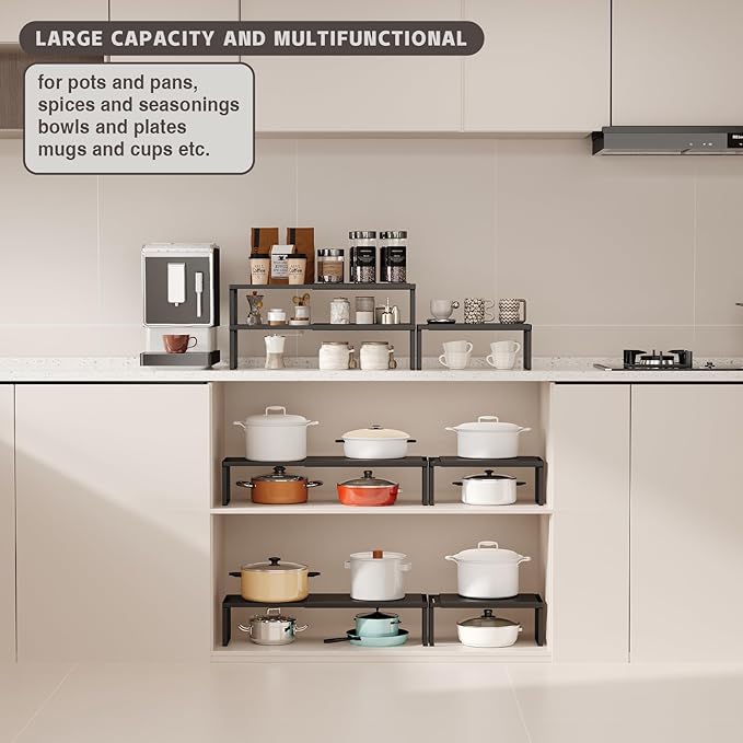 Magheo Expandable Cabinet Shelf Organizer, 2 Pack Stackable Kitchen Counter Shelf Riser, Metal Spice Rack Heavy Duty Countertop Organizer Storage for Kitchen, Pantry, Cupboard, Rv (5.9in Height,Black)