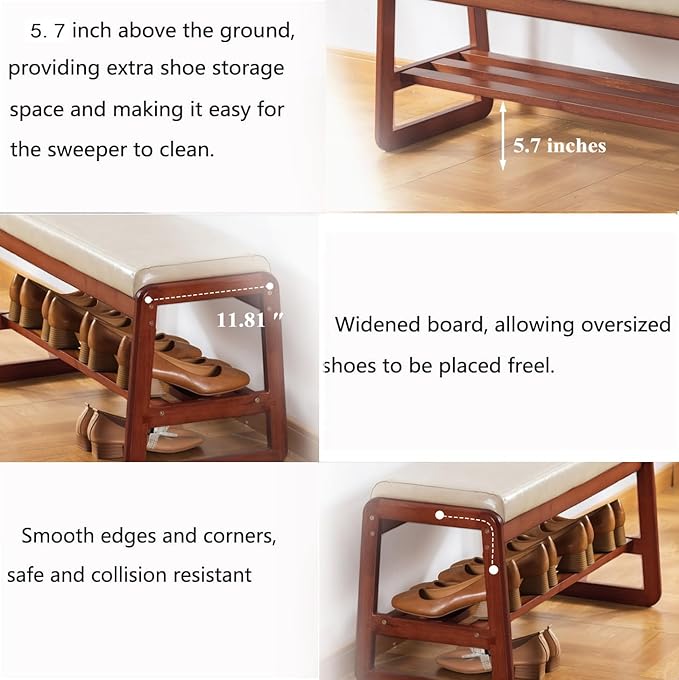 SOBIBO Solid Wood Shoe Bench, 2-Tier Wooden Entryway Bench, Modern Shoe Rack with Faux Leather Cushion for Hallway, Living Room (Gray, 21.65'')