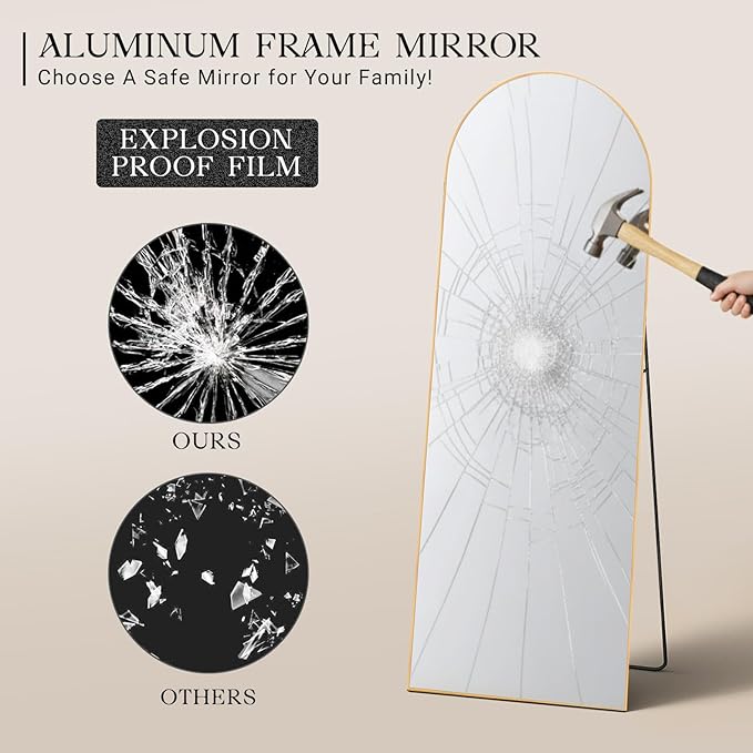 MISSDAY Arched Full Length Mirror, 64"x21" Full Body Mirror with Stand, Floor Mirror Long Free Standing, Leaning or Hanging, Aluminum Thin Frame Wall-Mounted Mirrors Wall Mirrors for Bedroom, Gold