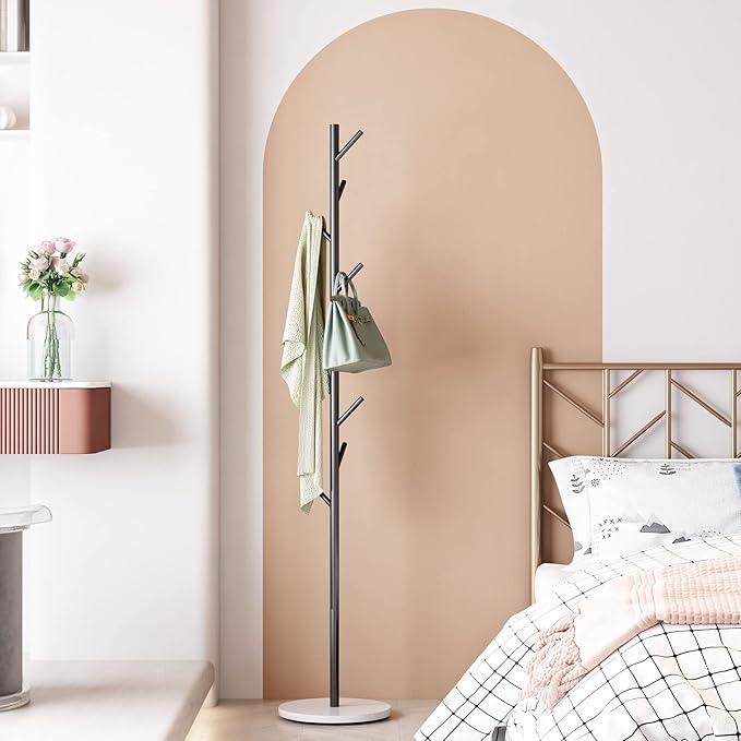 DOORXIFO Black Metal Coat Rack, Freestanding with Hooks, Entryway Coat Rack Stand, Coat Racks with Marble Base, Coat Tree for Hanging Clothes, Hats, Bags