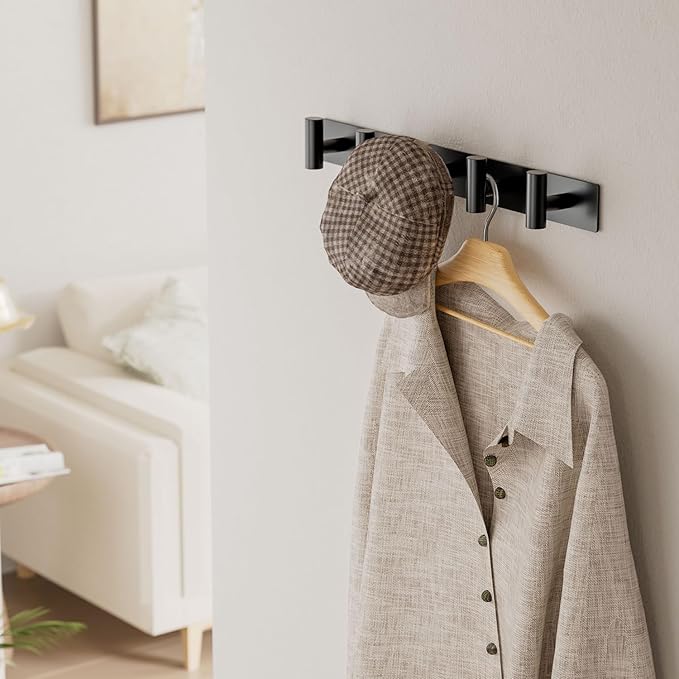 GWAAZXGZ Black Wall Mounted Coat Rack – 5 T-Shaped Pegs for Hats, Bags & Towels, Heavy-Duty Metal Rail for Entryway, Bathroom, Closet, Bedroom (2 Pack)