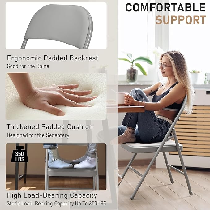 Grey Folding Chairs 10 Pack, 350LBS Heavy-Duty Steel Frame Padded Foldable Chairs for Indoor Outdoor Wedding Party Dining Events