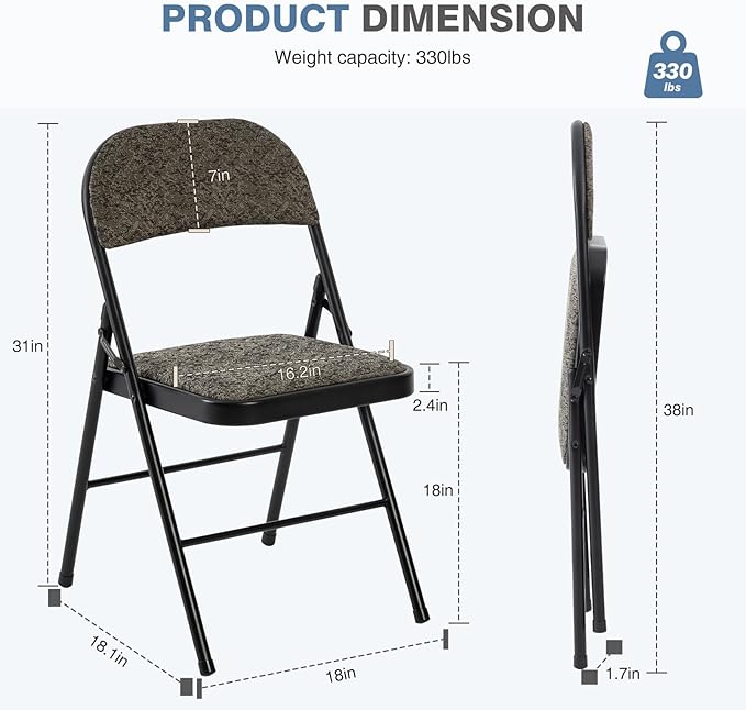 DUMOS 10 Pack Folding Chairs with Padded Cushion and Back - Fabric Stackable Portable Dining Chairs Set, for Home and Office, Conference, Wedding, Party, Patio, Garden, for Indoor Outdoor, Black Grey