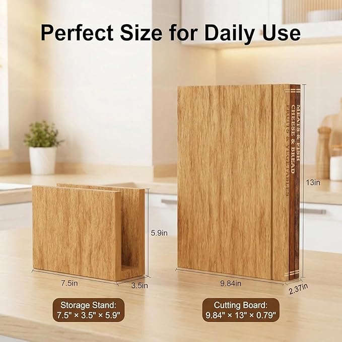 Book Cutting Board Set with Stand - Wooden Library Shaped Chopping Boards That Look Like Books, Labeled Meat, Fish, Cheese & Bread, Fruits & Vegetables, Decorative Kitchen Cutting Boards