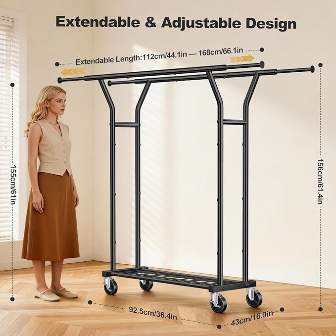 Heavy Duty Clothes Rack - Load 620 LBS, Rolling Clothing Rack for Hanging Clothes with Lockable Wheels & Shelves, Extendable Double Rod Garment Rack for Bedroom, Laundry, Living Room (Black)