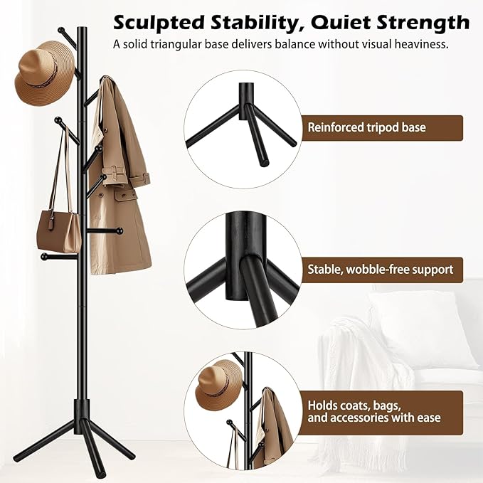 Wooden Coat Rack Freestanding, Adjustable Height Solid Wood Clothes Stand with 8 Ball-End Hooks, Stable Tripod Base, 5.7FT Floor Coat Tree for Entryway Bedroom Office, Black