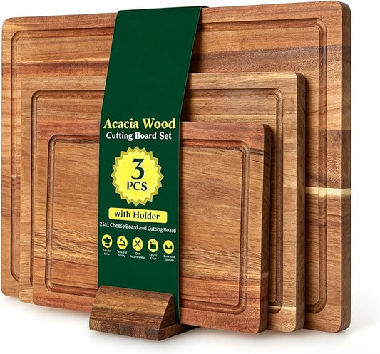 3 PCS Acacia Wood Cutting Board Set with Stand, Thick Chopping Boards for Kitchen, Deep Juice Grooves, Easy Grip Handle, Non-slip Heavy Duty Charcuterie Board for Meat, Cheese, Vegetables and Fruits
