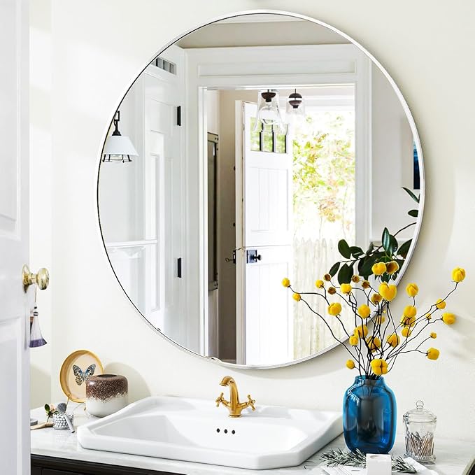 VooBang White Round Bathroom Mirror, 24 inch Circle Wall Mounted Hanging Mirror with Simple Modern Circular Metal Frame for Hallway, Entryway, Living Room, White Frame