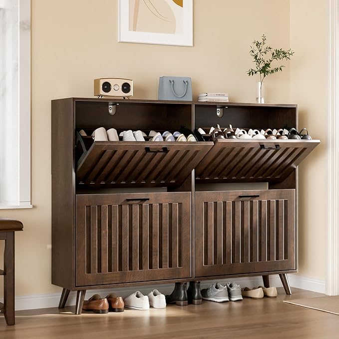 Shoe Storage Cabinet with 4 Flip Drawers, Modern Freestanding Organizer with Adjustable Shelf, Narrow Shoe Rack Cabinet for Entryway, Walnut