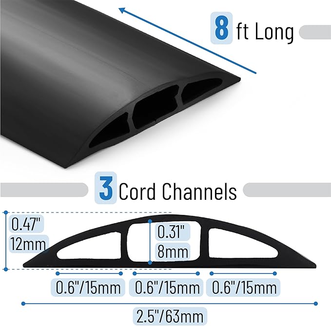 Bates- Floor Cord Cover, 8ft, Cable Cavity 0.6" (W) x 0.31" (H), Heavy Duty Wire Protector, PVC Extension Cords Hider, Protect Cords, Prevent Cable Trips, Cord Hider for Office, Home, Outdoor