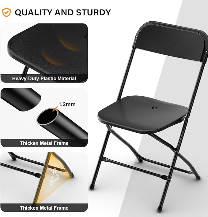VINGLI Black Plastic Folding Chairs, Set of 1, Heavy-Duty Commercial Seats with Steel Frame, 350 lb Capacity, for Indoor & Outdoor Events, Office, Wedding, Party & Dining (1, Black, S)