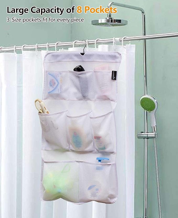 MISSLO 8 Pockets Mesh Shower Organizer Hanging Caddy with Rotating Hanger Quick Dry Bathroom Storage (White)