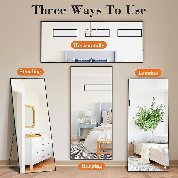 NEWBULIG 63.8"x20.8" Full Length Mirror, Full Body Floor Mirror with Aluminum Alloy Thin Frame, Wall or Standing Mirror for Bedroom, Living Room, Dressing Room, Black