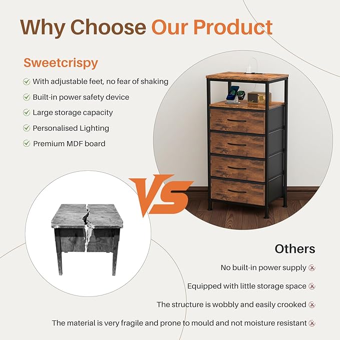 DUMOS Nightstand with Charging Station, Bedside End Table with 4 Fabric Drawers & USB/Type-C Ports and Outlets, Night Stand for Bedroom Furniture, Adjustable Feet and Variable Light Strip, Rust