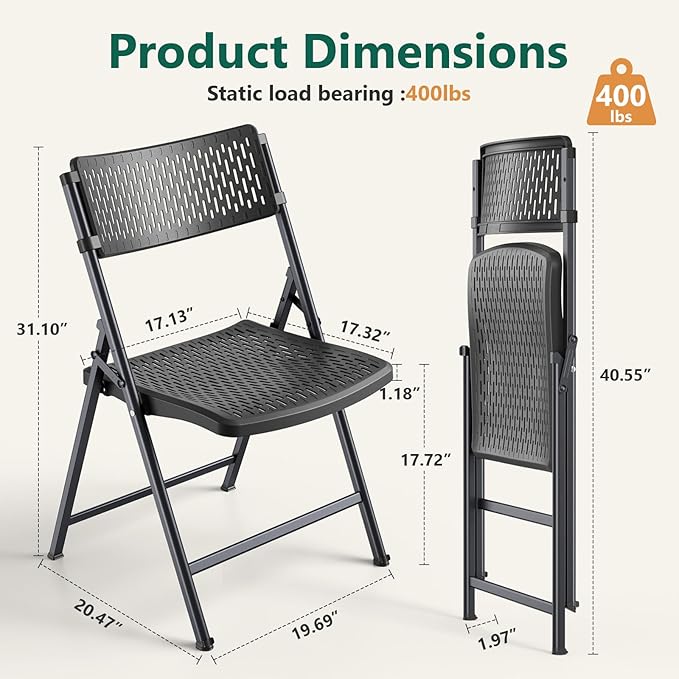 4-Pack Black Folding Chairs, Mesh Plastic Seat with Steel Frame, 400 lbs Capacity, Non-Slip Pads, Easy Clean for Indoor/Outdoor Weddings, Patios & Card Tables