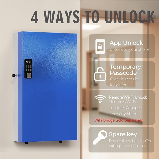 WeHere 360-Key Smart Key Lock Box, Wall-Mount Key Cabinet with Key Management App(Track Key Borrow/Return), Keypad, Bluetooth & WiFi Unlock (Sold Separately) for Commercial, School, Rental, Office