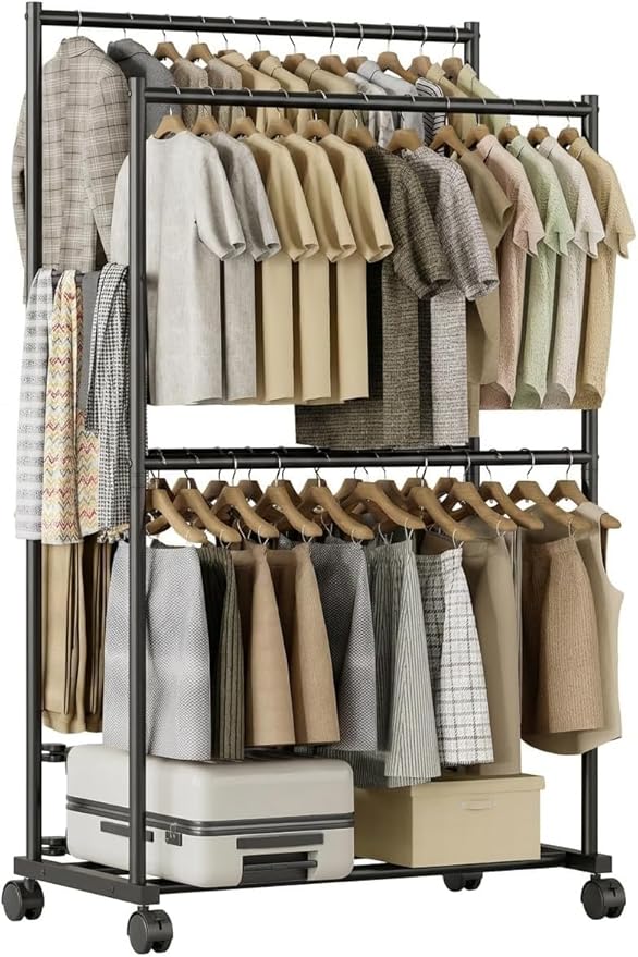 Clothes Rack - 36.2" x 21.3" x 72", 4-Bar Double Rod Rolling Metal Clothing Rack for Hanging Clothes, Portable Garment Rack with Wheels for Bedroom Laundry, Closet Wardrobe, Black