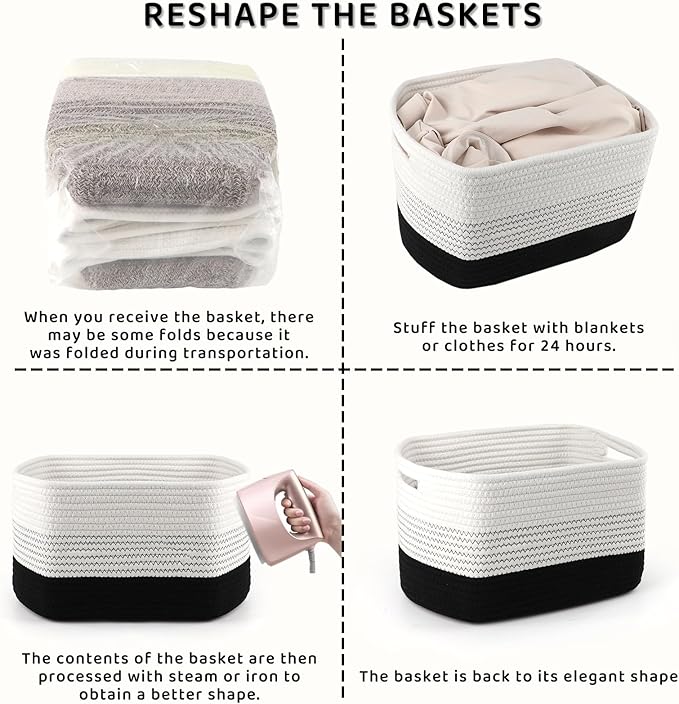 4 Pack Storage Baskets for Organizing, 12''Lx9''Wx8''H Woven Baskets for Storage Toys, Towels, Books, and Clothes, Cotton Rope Basket for Shelves with Handle White & Brown