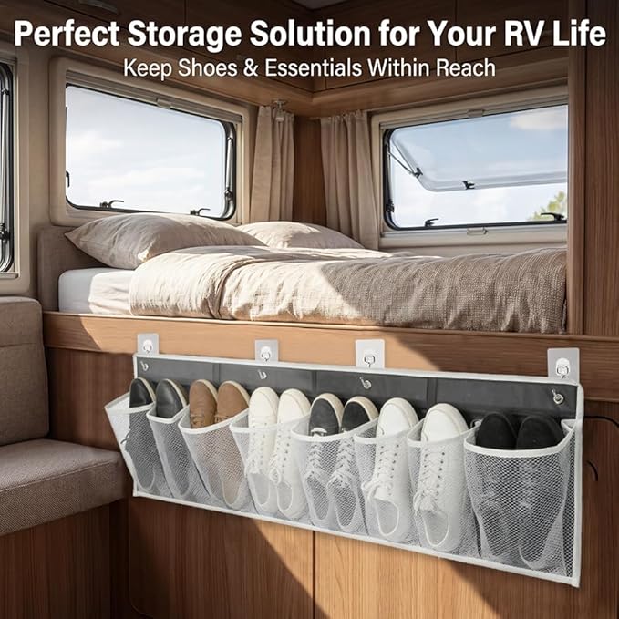 2 PCS RV Shoe Storage Organizer with 16 Pockets, Wall Hanging Pocket Organizer for Camper Bedside Closet Entryway, Space Saving Wall Hanging Includes 8 Hooks & 8 Adhesive Pads