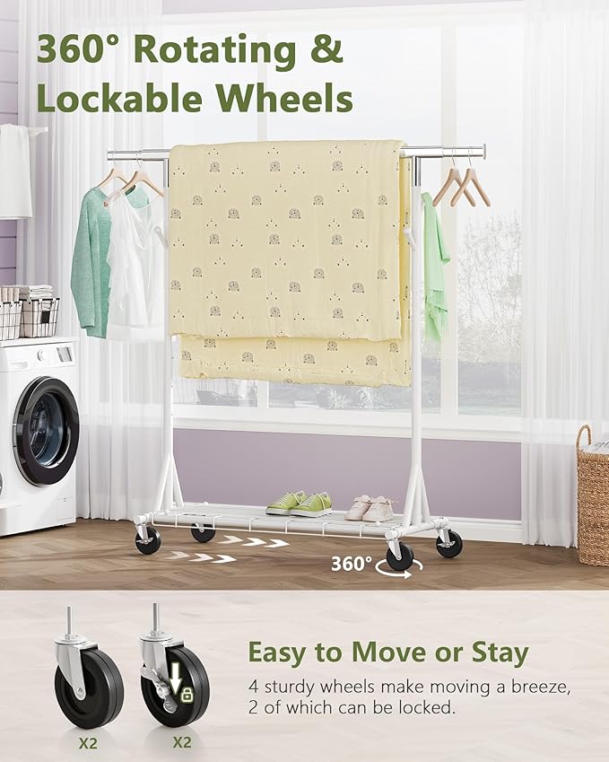 Hoctieon 1-Minute Assembly Clothes Rack, 480 lbs Heavy Duty Rolling Clothing Racks with Wheels, Foldable Garment Rack, Extendable Hanging Bar, Adjustable Metal Pole with Hooks, White