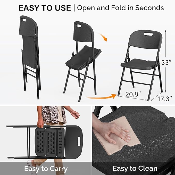 VINGLI Folding Chairs, Heavy Duty Foldable Chair Portable HDPE Plastic Seat with Steel Frame for Indoor Outdoor Dinning Party Wedding School Use, Black, 2 Pack