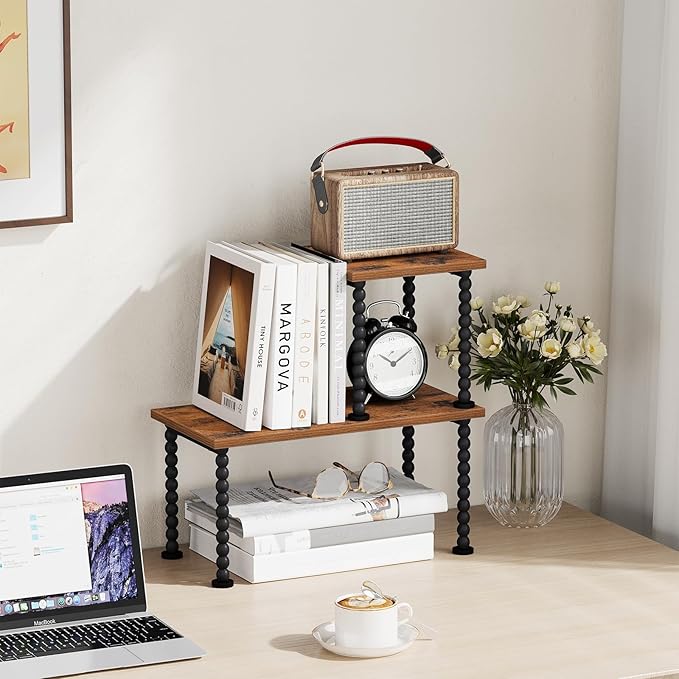 YINMIT Desk Shelf Organizer, 2 Tier Adjustable Desk Shelf for Top of Desk, Wood Freestanding Stackable Desktop Bookshelf Organizer for Office, Home, Kitchen Counter Display Rack, Rustic Brown