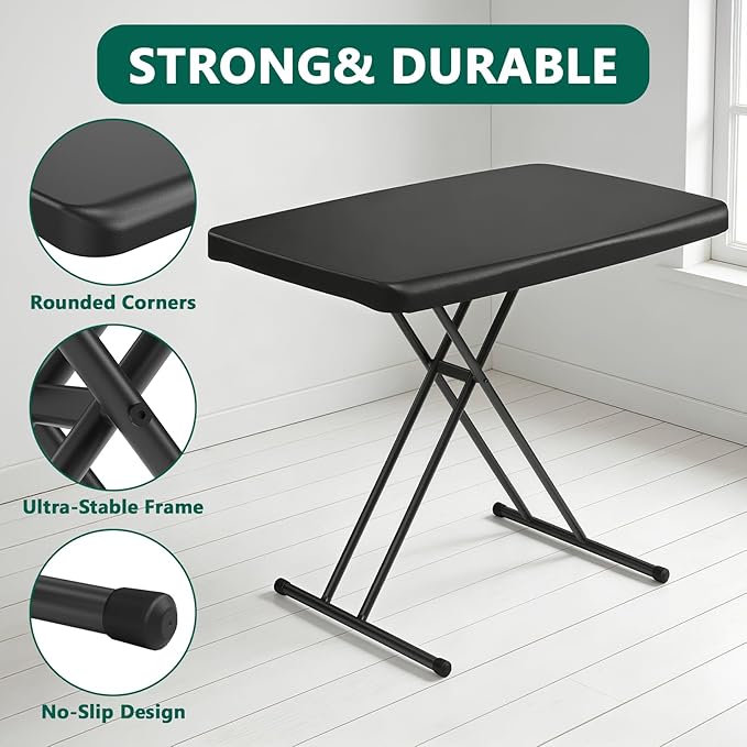 Folding Table 30 Inch -2Pack, Small Desk Adjustable Height TV Tray for Laptop, Couch, Camping - Heavy Duty Utility Foldable Table for Small Spaces, No Assembly Required, Black Granite