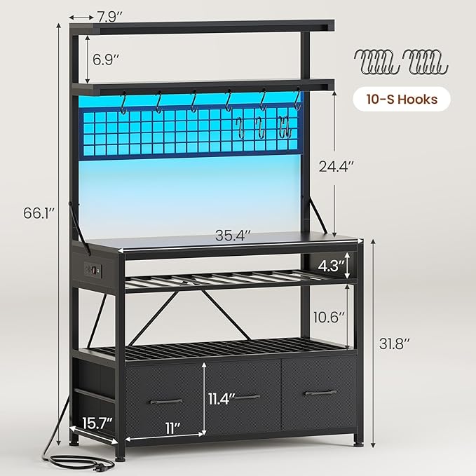 Itaar Bakers Rack with Storage and Power Outlet, 35.4 inch Coffee Bar Cabinet, Microwave Stand Kitchen Cabinet with Hutch, LED Lights, Wine Rack and Hooks (Black)