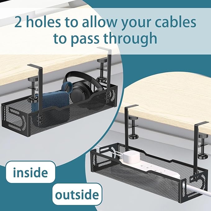 2Pack Under Desk Cable Management Tray, No Drill Mesh Desk Cable Tray, Wire Management Tray Cable Management Rack, Wire Organizer and Cable Management Box (Black)