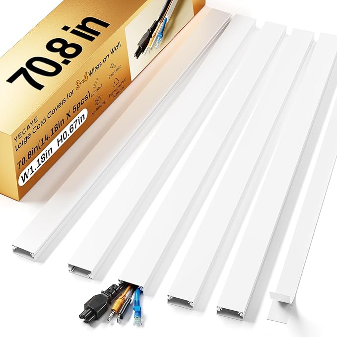 Yecaye 70.8in Large Cord Hider, Wire Covers for 3-4 Cords on Wall, Cord Hider Wall, TV Cord Hider Kit, Paintable TV Cord Hider for Wall Mounted TV, W1.18in H0.67in, White