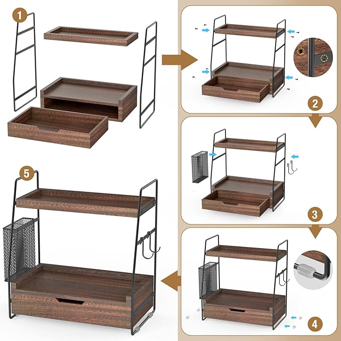 2-Tier Bathroom Counter Organizer with Drawer and Removable Basket, Wood Vanity Countertop Storage for Perfume, Makeup, Skincare, Bathroom Counter Shelf, Moisture-Resistant, Dark Brown