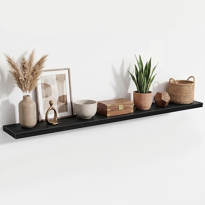 72 Inch Floating Shelves for Wall Set of 1,9.3" Deep Wall Shelves,Rustic Wood Wall Mounted Book Shelves with Invisible Brackets,Extra Long Floating Shelf for Living Room,Laundry Room,Bedroom,Black