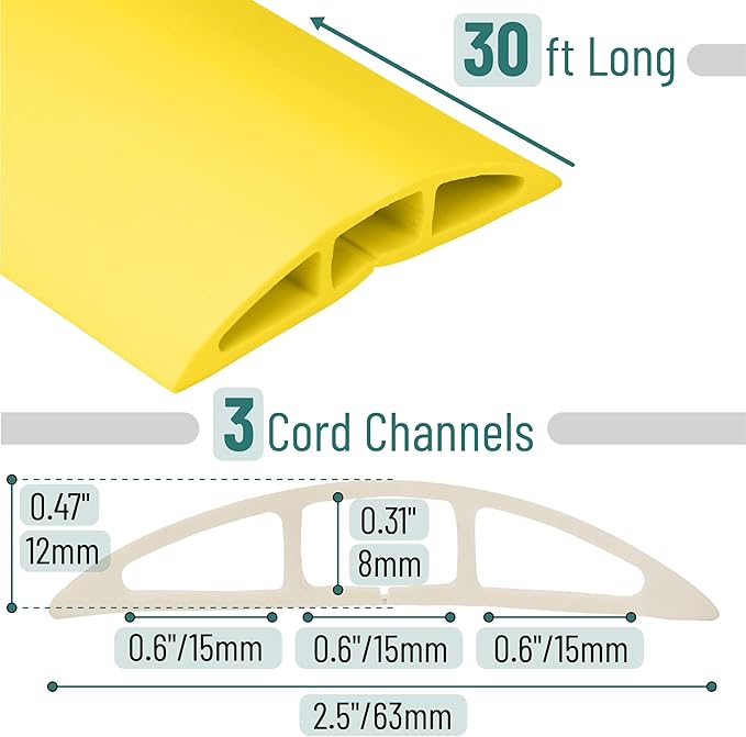 Bates- Floor Cord Cover, 30ft, Cable Cavity 0.6" (W) x 0.31" (H), Heavy Duty Wire Protector, PVC Extension Cords Hider, Protect Cords, Prevent Cable Trips, Cord Hider for Office, Home, Outdoor