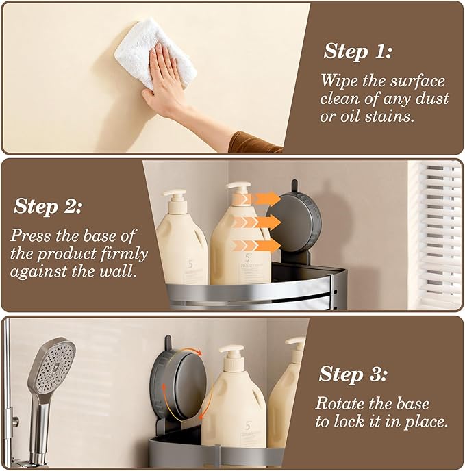 No-Drilling Corner Suction Cup Shower Caddy(1-Pack Gray),Rust-Proof and Durable Bathroom Organizer with Towel Bar & Hooks,Modern Large-Capacity Wall-Mounted Shower Shelf