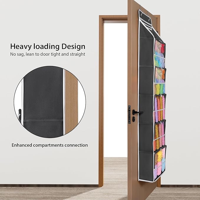 Univivi Hanging Yarn Storage Organizer with 6 Zipper Closure Compartments, Large Capacity Knitting Organizer Storage, Over The Door Hanging Yarn Holder for Knitting Needles, Crochet Hooks (Dark Grey)