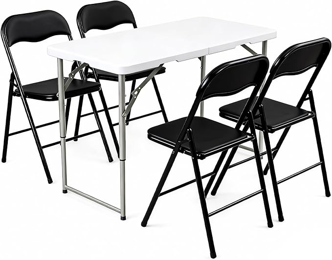 Elevon Folding Table Set with 4 Black Folding Chairs,4 Feet Heavy Duty Fold-in-Half Utility Table Sets for Picnic, Event, Training, Outdoor Activities, at Home and Commercial Use
