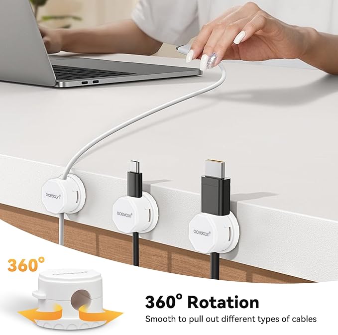 aceyoon 8 Pack Magnetic Cable Clips Cord Holder, Desk Cable Management [1s Lock] Rotatable Spring Cable Clips Adhesive Wire Management for USB Charger Cord, Nightstand, Car, Office, Home (White)