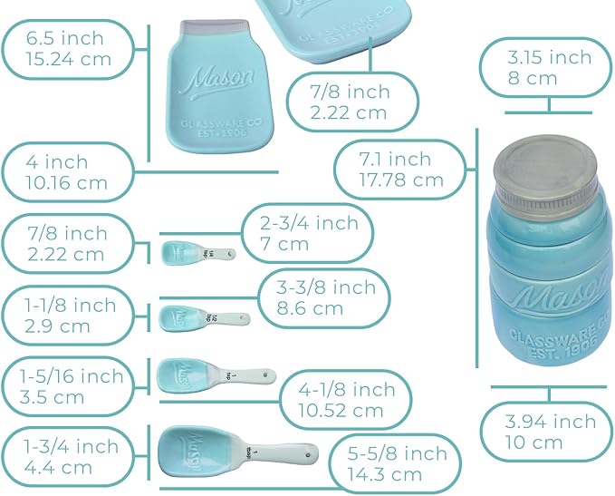 Comfify Mason Jar Kitchenware Set – Aqua Blue Ceramic Decor with 4 Measuring Cups, 4 Measuring Spoons, and Spoon Rest