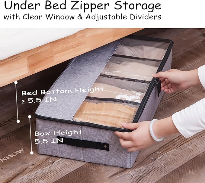 AARAINBOW Foldable Under Bed Clothes Organizer with Lid, Underbed Storage Container with Adjustable Dividers, Clear Window, Gray