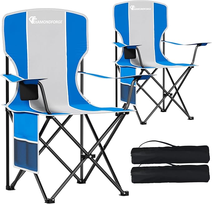 Camping Chairs, 2 Packs 300 LBS Capacity High Back Camping Chair, Portable Outdoor Lawn Chairs Folding with Cup Holder for Picnic, Lawn, Beach, Fishing and Sports (Blue Grey)