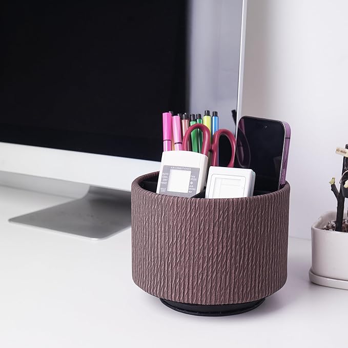 Round Leather Art Supply Organizer,Remote Control Holder,360 Degree Spinning,Multi-Functional Pencil Holder,4 Compartments Desktop Stationary Organizer(1-Wood Soil)