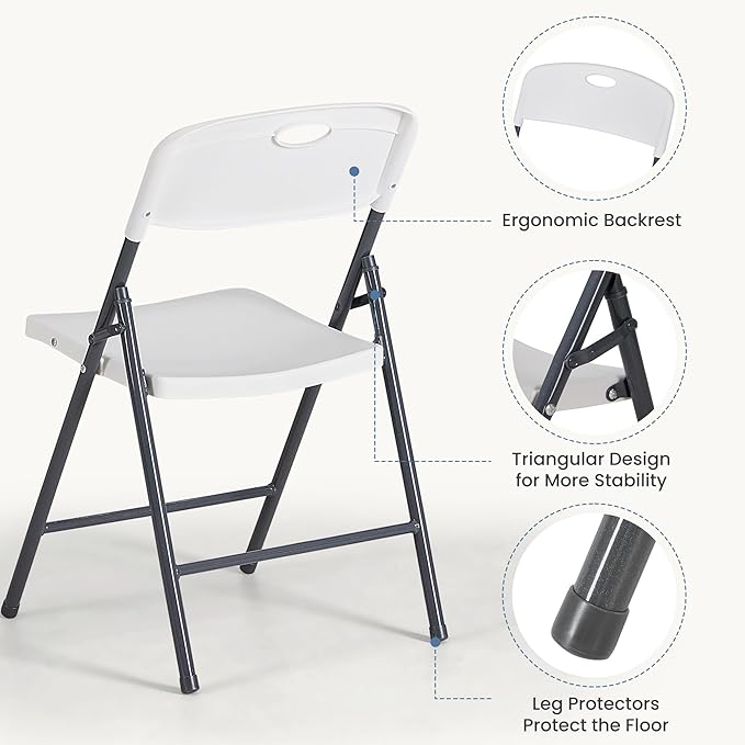 DUMOS 4 Pack Folding Chairs Heavy Duty - Plastic Stackable Portable Dining Chairs Set, Wedding, Party, Patio, Garden, for Indoor Outdoor, for Home and Office, Conference, White