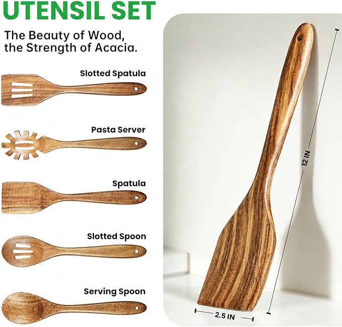 Solidith Acacia Wooden Spoons for Cooking, 5-Piece Wooden Kitchen Utensil Set with Spatula, Slotted Spoon & Pasta Fork, Non-Stick Safe Cooking Utensils, Durable Natural Wood Kitchen Tools Gift Set