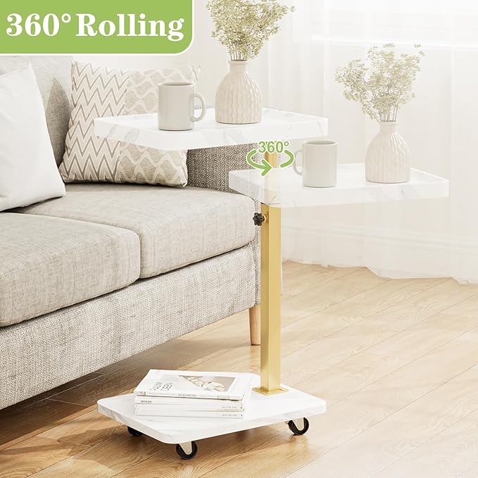 TV Tray Table, Adjustable Dinner Trays for Eating Table,360° Swivel& Sofa Armrest End Side Couch Snack Table for Sofa, Bedroom, Living Room, C Shaped End Table that Slide Under(White+Gold)