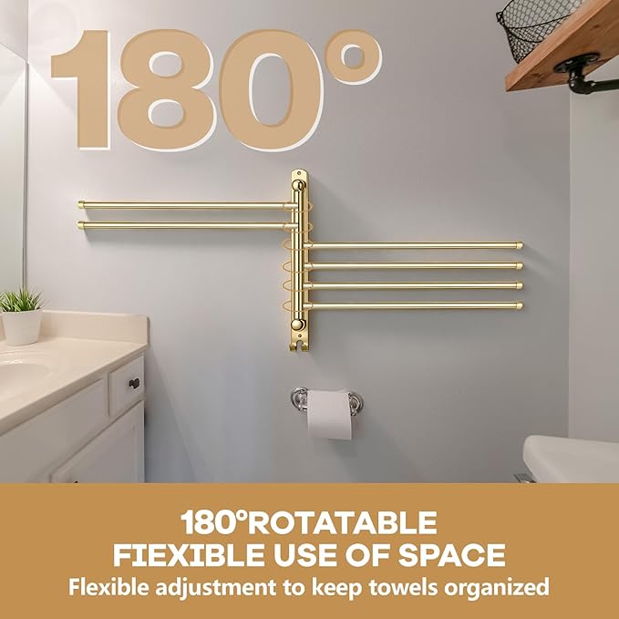Teenyyou 20.4 Inches Swivel Towel Rack 304 Stainless Steel 6 Arms Bathroom Towel Rack Hanger Pool Holder Wall Mounted Swivel Bar Space Saving with Hook(Gold)