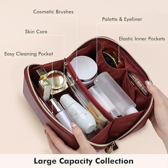 Prite Makeup Bag for Women Travel Waterproof Vegan Leather Cosmetic Bag Open Flat Toiletry Bag With Clear Divider and Handle (Dark Red, Medium)